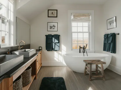 Een lichte badkamer met twee wastafels en een vrijstaand bad