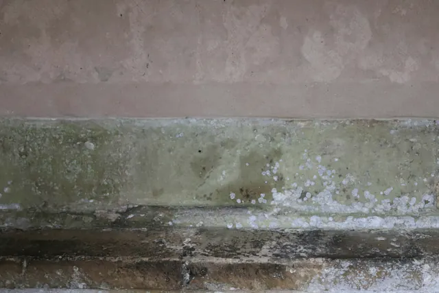 Vochtplekken en schimmel in een band onderaan een muur